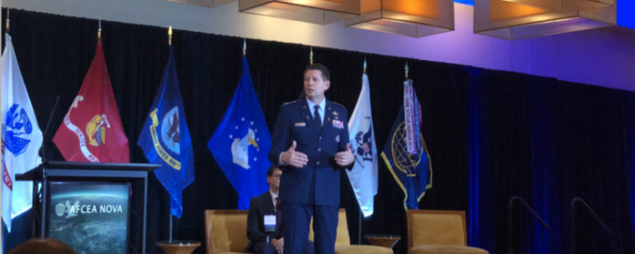 Gen. David Thompson, vice chief of space operations of the U.S. Space Force, speaks Feb. 10, 2022, at the AFCEA NOVA Space Force IT Day. Credit; Sandra Erwin/ SpaceNews
